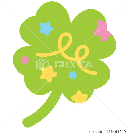 Illustration of green clover leaf with star and doodles for lucky icon, logo, sticker, cute patches, shirt print, toy, kid doll, brooch, pin, happy emoji, sticker, plants, tree, nature, garden, earth 118469649