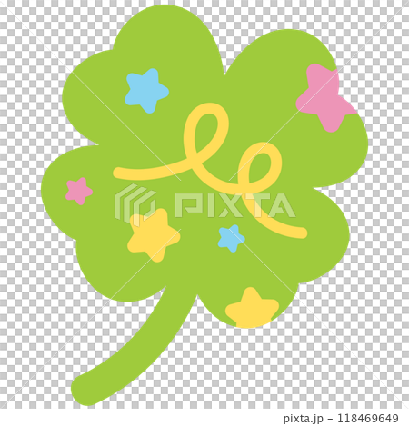 Illustration of green clover leaf with star and doodles for lucky icon, logo, sticker, cute patches, shirt print, toy, kid doll, brooch, pin, happy emoji, sticker, plants, tree, nature, garden, earth 118469649