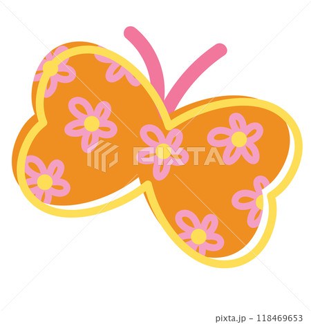 Illustration of orange butterfly with flower pattern for animal, spring time, summer break, floral print, blossom, blooming, park, picnic, zoo, souvenir shop, sticker, brooch, pin, cute patches, icon 118469653