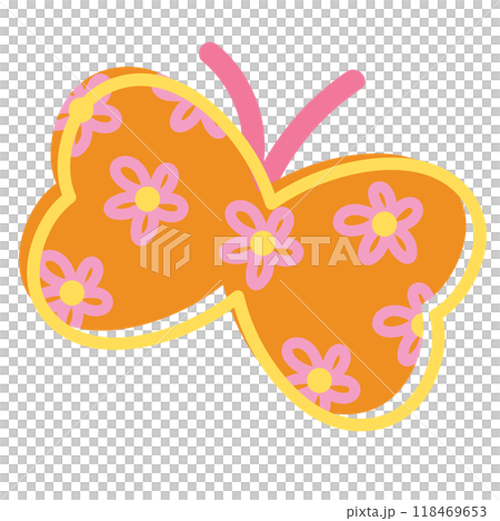 Illustration of orange butterfly with flower pattern for animal, spring time, summer break, floral print, blossom, blooming, park, picnic, zoo, souvenir shop, sticker, brooch, pin, cute patches, icon 118469653
