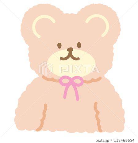Illustration of teddy bear wearing pink ribbon for Christmas, New Year, festive sticker, celebration, winter season, cartoon, character, mascot, animal, zoo, souvenir shop, cute patches, toy, doll 118469654