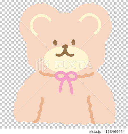 Illustration of teddy bear wearing pink ribbon for Christmas, New Year, festive sticker, celebration, winter season, cartoon, character, mascot, animal, zoo, souvenir shop, cute patches, toy, doll 118469654