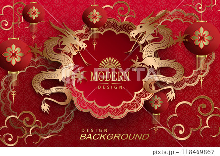 Gorgeous red background with a round frame and golden dragons 118469867