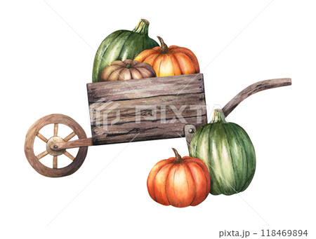 Composition with antique rustic old wooden wheelbarrow and classic autumn vegetables pumpkins. Watercolor illustration isolated on white background. For clip art posters flyers Composition with antique rustic old wooden wheelbarrow and classic autumn vegetables pumpkins. Watercolor illustration isolated on white background. For clip art posters flyers 118469894