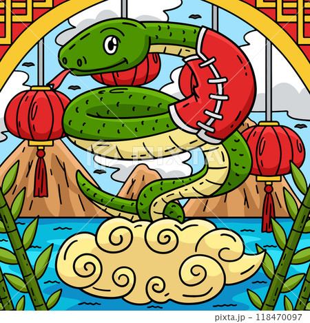 Year of the Snake on Clouds Colored Cartoon  118470097