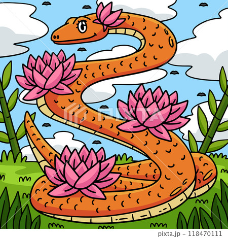 Year of the Snake and Lotus Flowers Colored  118470111