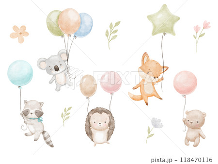 Cute baby fox, koala and bear are flying with balloons. Watercolor animals, flowers and leaves. Hand drawn illustrations set 118470116