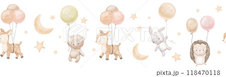 Seamless watercolor border with cute baby bunny, bear and deer. Funny animals are flying with balloons in sky with moon and stars. Hand drawn illustrations set Seamless watercolor border with cute baby bunny, bear and deer. Funny animals are flying with balloons in sky with moon and stars. Hand drawn illustrations set 118470118