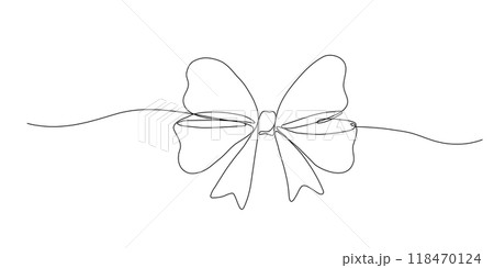 Gift bow one continuous line art. Drawing sketch. Ribbon vector icon Gift bow one continuous line art. Drawing sketch. Ribbon vector icon 118470124