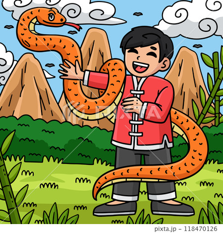 Year of the Snake Child and Snake Colored Cartoon Year of the Snake Child and Snake Colored Cartoon 118470126