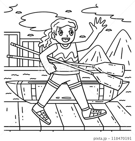 Rowing Oarswoman Carrying Oars Coloring Page  118470191