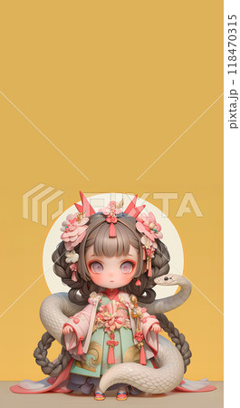 正月着物を着たかわいい少女と白い蛇 ソフビ人形風 年賀状 素材 縦配置 正月着物を着たかわいい少女と白い蛇 ソフビ人形風 年賀状 素材 縦配置 118470315