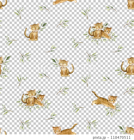 Seamless pattern with cute kawaii two tigers jumping and sitting with green branch eucalyptus. Watercolor hand drawn illustration african animal isolated. Cartoon kids print. Seamless pattern with cute kawaii two tigers jumping and sitting with green branch eucalyptus. Watercolor hand drawn illustration african animal isolated. Cartoon kids print. 118470511