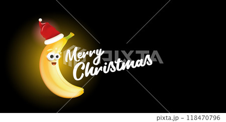 Merry Christmas horizontal greeting banner with funny cartoon banana character wearing santa red hat isolated on black background. Funny and cute Christmas card with smiling Banana monster Merry Christmas horizontal greeting banner with funny cartoon banana character wearing santa red hat isolated on black background. Funny and cute Christmas card with smiling Banana monster 118470796