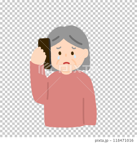一位資深婦女在電話裡哭泣的插圖 一位資深婦女在電話裡哭泣的插圖 118471016