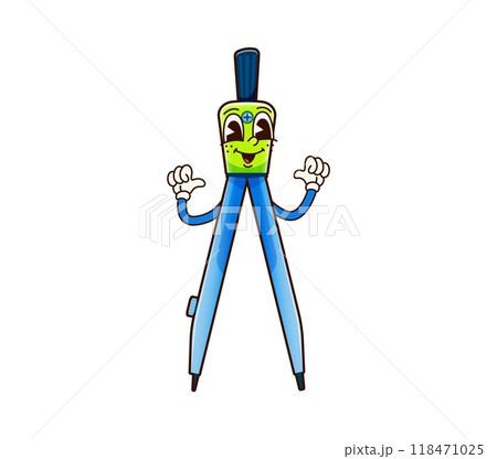 School education compass groovy character. Charming cartoon retro drawing and drafting tool personage with joyful expression, pointing on itself, embodies a fun and educational vibes for kids learning 118471025