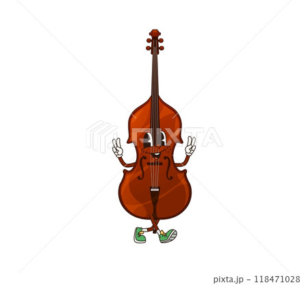 Cartoon cello or violoncello groovy musical instrument character. Isolated vector string personage with smiling face flashing peace signs with hands, ready for playing classic music in philharmonic 118471028