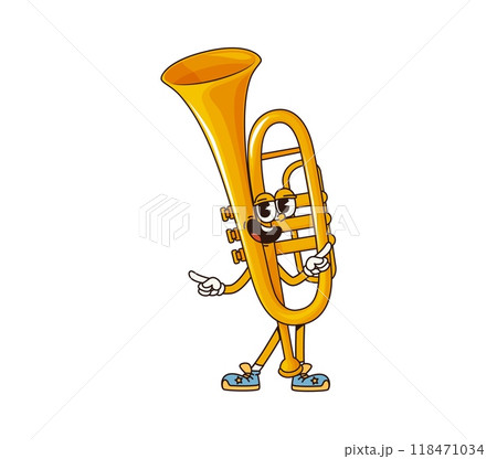 Cartoon trumpet groovy musical instrument character. Isolated vector funny horn, brass pipe personage with happy face and funky vibe invites into music school for educational classes or performance 118471034