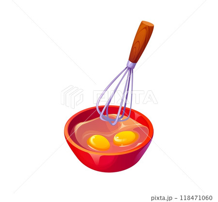 Whisk inside a red bowl containing two cracked eggs, ready to be mixed. Isolated cartoon vector kitchen scene with a mixing utensil and egg product in a moment of cooking meals and bakery preparation Whisk inside a red bowl containing two cracked eggs, ready to be mixed. Isolated cartoon vector kitchen scene with a mixing utensil and egg product in a moment of cooking meals and bakery preparation 118471060