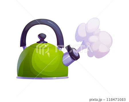 Boiling kettle, isolated cartoon vector green teapot with glossy surface, whistle and rounded handle, releasing steam from its spout. Retro household appliance, home utensil for cooking hot beverages 118471083