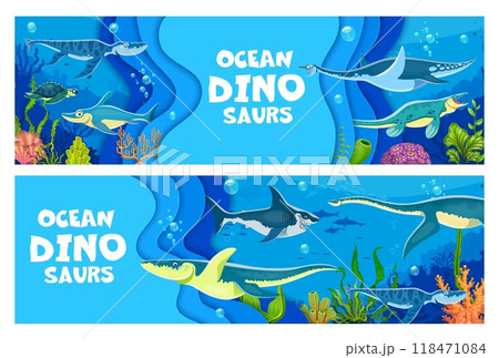 Underwater prehistoric dinosaurs and reptiles in paper cut waves. Vector 3d papercut banners feature the ocean trimming with ancient swimming dino animals, vibrant marine life and sea creatures Underwater prehistoric dinosaurs and reptiles in paper cut waves. Vector 3d papercut banners feature the ocean trimming with ancient swimming dino animals, vibrant marine life and sea creatures 118471084