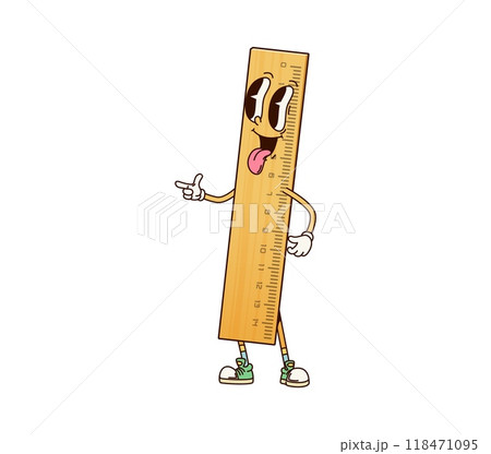 School education ruler groovy character. Isolated cartoon vector retro cheerful stationery, measuring tool personage pointing with a sticking tongue, ready to measure and educate kids students 118471095
