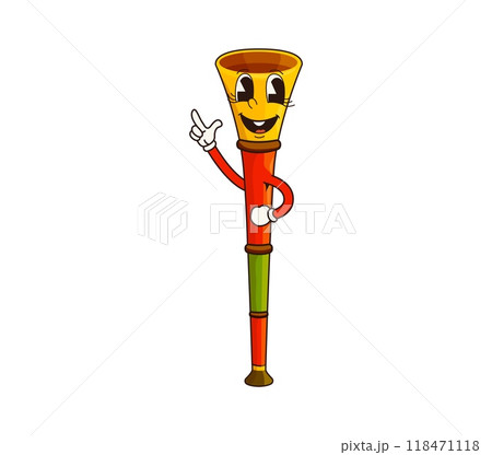Cartoon vuvuzela groovy musical instrument character. Isolated vector bright pipe, funny comic trumpet personage with happy face, announcing birthday party, festival celebration or soccer tournament 118471118