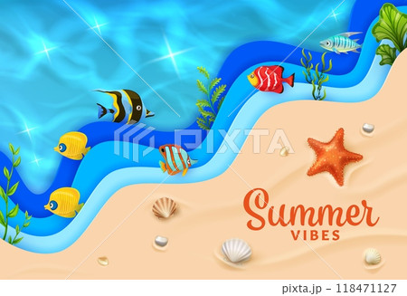 Paper cut sea wave with fishes and beach sand background. 3d vector vivid ocean shore, tropical coastal environment with bright fish swimming amongst blue waves with sea plants shells and summer vibe 118471127