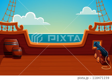 Pirate ship deck with wooden barrels and a cannon, set against a serene ocean backdrop. Cartoon vector game background captures the adventurous corsair spirit of maritime life and open sea exploration Pirate ship deck with wooden barrels and a cannon, set against a serene ocean backdrop. Cartoon vector game background captures the adventurous corsair spirit of maritime life and open sea exploration 118471159