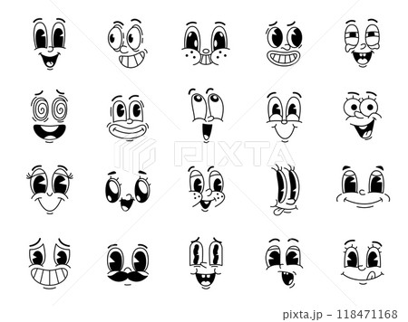 Cartoon funny comic groovy face, eye emotion and retro cute emoji characters set. Vintage facial expression emoticons vector personages, happy faces with smiles, mouths and teeth, mustache and tongue Cartoon funny comic groovy face, eye emotion and retro cute emoji characters set. Vintage facial expression emoticons vector personages, happy faces with smiles, mouths and teeth, mustache and tongue 118471168
