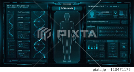 HUD medicine, health care and medical graphs or charts. Futuristic interface with human body hologram scanning process alongside DNA decoding and personal data display. Modern science and technology 118471175