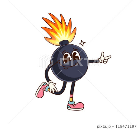 Groovy bomb character with a lit fuse. Cartoon playful explosive weapon personage wears vintage sneakers, striking a confident pose, and pointing a finger gun, exudes a mischievous and cool retro vibe 118471197