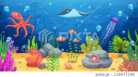 Underwater game landscape with sunken ship and sea animals such as octopus, clownfish and jellyfish, stingray and whale silhouette. Cartoon vector ocean floor thrives with coral, rocks, and plant life 118471198