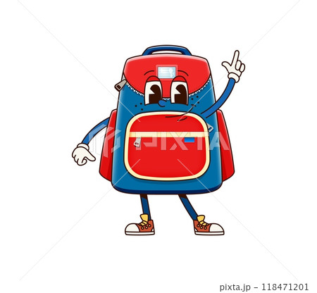School backpack groovy character. Isolated cartoon vector retro bag or rucksack personage with a friendly face, and pointing up gesture, ready for children education and back-to-school adventures School backpack groovy character. Isolated cartoon vector retro bag or rucksack personage with a friendly face, and pointing up gesture, ready for children education and back-to-school adventures 118471201