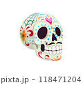 Cartoon day of the dead dia de los muertos sugar calavera skull featuring intricate and vibrant floral patterns. Traditional calaca head, festive decoration for holiday celebration, or Mexican culture 118471204