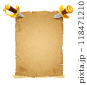 Pirate vintage scroll paper with daggers stuck in it. Cartoon vector old parchment, corsair treasure map template with a weathered texture, pierced by two golden-handled dirk blades at the top corners 118471210