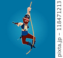 Cartoon pirate character hanging on a rope while aiming a pistol. Isolated vector adventurous corsair personage has a fierce expression, wearing traditional pirate attire and a hat with crossed sabers 118471213