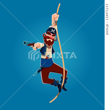 Cartoon pirate character hanging on a rope while aiming a pistol. Isolated vector adventurous corsair personage has a fierce expression, wearing traditional pirate attire and a hat with crossed sabers 118471213