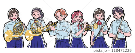 楽器を持つ笑顔の6人のイラスト 118471229