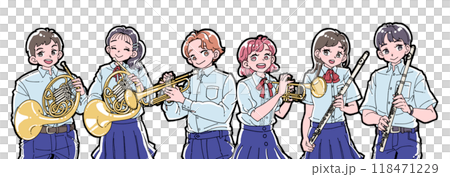 Illustration of six smiling people holding musical instruments 118471229
