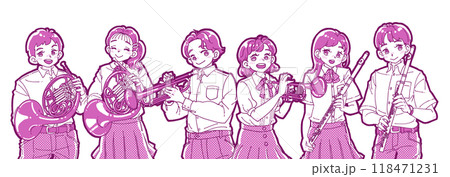 楽器を持つ笑顔の6人のイラスト 118471231
