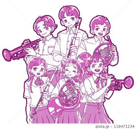 楽器を持つ笑顔の6人のイラスト 118471234