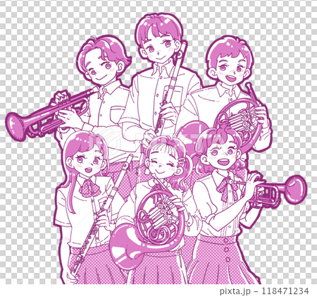 楽器を持つ笑顔の6人のイラスト 118471234