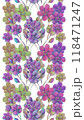 Festive seamless floral border with purple and green flowers on white background 118471247