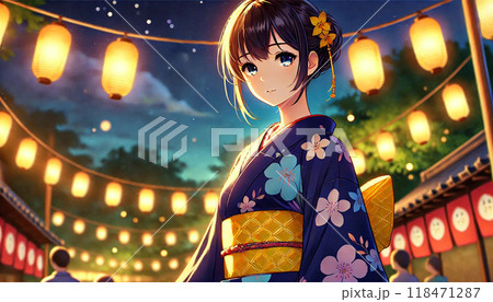 日本人女性浴衣で夏祭り 118471287