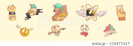 Hippie and Rock Sticker Element and Object Vector Set 118471327