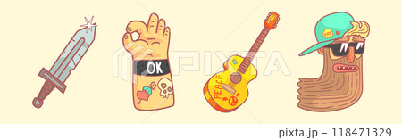 Hippie and Rock Sticker Element and Object Vector Set Hippie and Rock Sticker Element and Object Vector Set 118471329