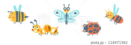 Funny Insect as Small Garden Pest with Cute Smiling Face Vector Set 118471362