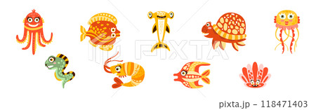 Sea Mammal and Underwater Cute Animal Swim in Ocean Vector Set Sea Mammal and Underwater Cute Animal Swim in Ocean Vector Set 118471403