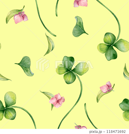 Shamrock and little pink flowers watercolor illustration on seamless pattern isolated. Floral design with green four lucky leaves on repeated background. Clover hand drawn in botanical sketch art. Shamrock and little pink flowers watercolor illustration on seamless pattern isolated. Floral design with green four lucky leaves on repeated background. Clover hand drawn in botanical sketch art. 118471692